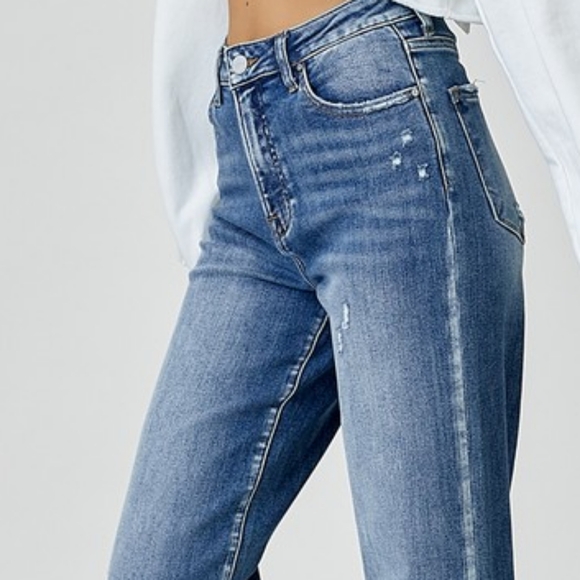 RISEN High-Rise Waist Straight Leg Mom Jeans Relaxed Fit Distressed Denim Pants - Picture 9 of 15